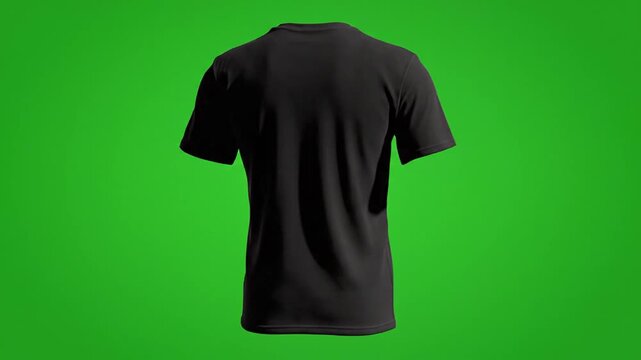 Black t-shirt mockup rotating in full 360 degree loop on clean green screen for apparel preview use