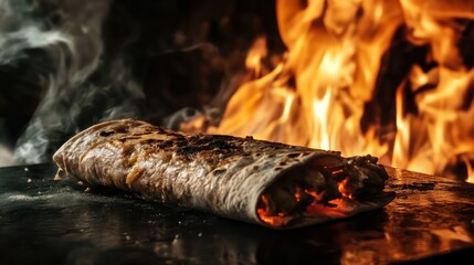 an enticing view of a perfectly grilled burrito, highlighted by the dramatic backdrop of burning flames, showcasing culinary artistry