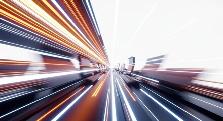 Abstract futuristic digital tunnel with light speed motion blur effect, orange and blue glowing lines