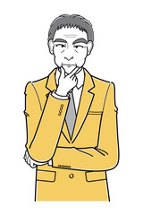 顎に手をあてているスーツの中年男性・上半身（シンプル）