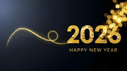 Golden glitter inscription 2026 happy new year celebration design element with sparkling light trail on dark blue background