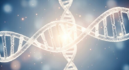 Abstract glowing dna double helix structure on a blue bokeh background, representing genetics, science, and biotechnology