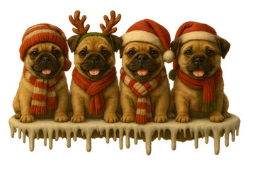 Cute Christmas Dog Breeds Collection &ndash; Holiday Puppy Set in Festive Winter Outfits,  Transparent background, Pug 