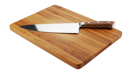 Professional chef knife on a wooden cutting board isolated on transparent background