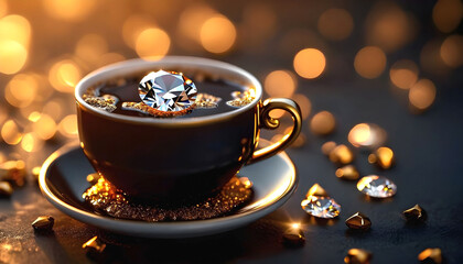 Luxury diamond floating in a cup of black coffee with golden reflections.