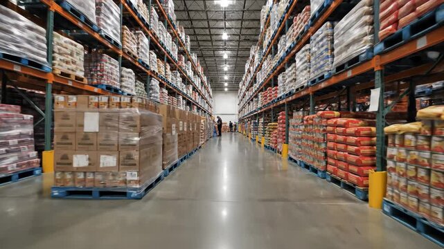 Warehouse Interior with Pallet Racking - This video shows the interior of a large warehouse with high pallet racking filled with food supplies.