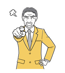 指をさして怒っているスーツの中年男性・上半身（シンプル）
