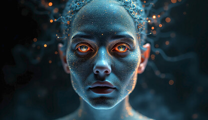 Human face made of flowing data streams and light particles. Concept of digital identity and AI