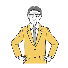 軽蔑するような表情で腰に手をあてているスーツの中年男性・上半身（シンプル）