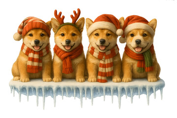 Cute Christmas Dog Breeds Collection &ndash; Holiday Puppy Set in Festive Winter Outfits,  Transparent background, Shiba Inu
