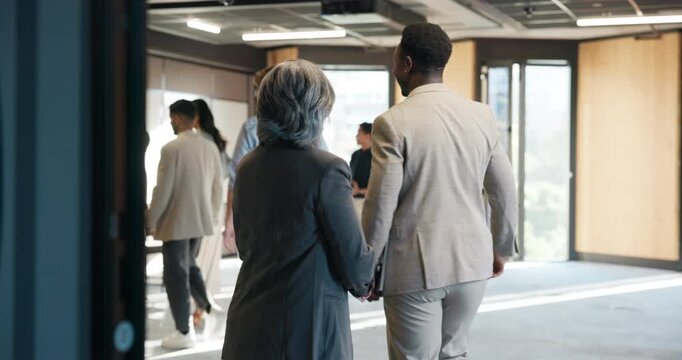 Business people, welcome and handshake in conference room, smile and introduction with host. Seminar, shaking hands and greeting with happy team, thank you and arrival of guest with keynote speaker