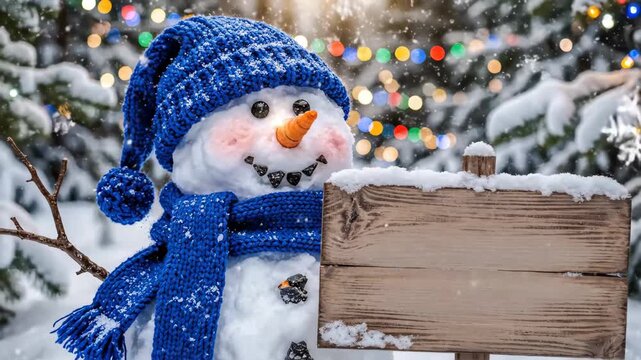 Snowman with Blank Sign in Winter Scene - A smiling snowman wearing a blue knitted hat and scarf stands next to a wooden sign covered in snow, ideal for adding custom text.