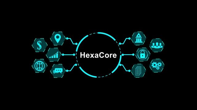 Digital Network of Hexagonal Icons Connecting to Central Text " Hexa Core" on Black Background technology.