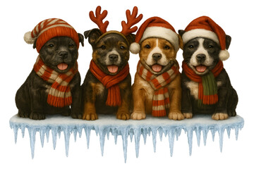 Cute Christmas Dog Breeds Collection &ndash; Holiday Puppy Set in Festive Winter Outfits,  Transparent background, Staffordshire Bull Terrier