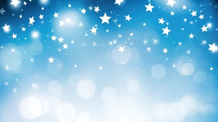 Magical blue background with white stars, sparkling snowflakes, and beautiful bokeh light effects. Dreamy winter wonderland symbolizing Christmas, holiday celebration, peaceful night sky, and festive