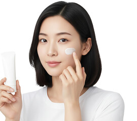 PNG. young woman applying cosmetic cream. young woman applying make up cream on her cheeks on transparent background.