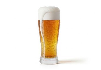 Tall glass of frothy golden beer with condensation on white background