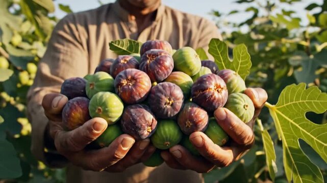 Hands holding a harvest of ripe and fresh figs amid greenery.