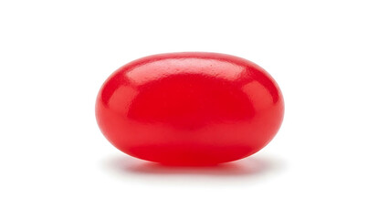 A single glossy red bean, or candy, casting a subtle shadow against a white background