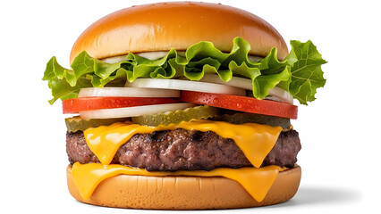 A juicy grilled beef burger with melted cheese, fresh lettuce, tomato, onion, and pickles on a bun