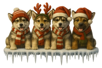 Cute Christmas Dog Breeds Collection &ndash; Holiday Puppy Set in Festive Winter Outfits,  Transparent background, Alaskan Malamute 