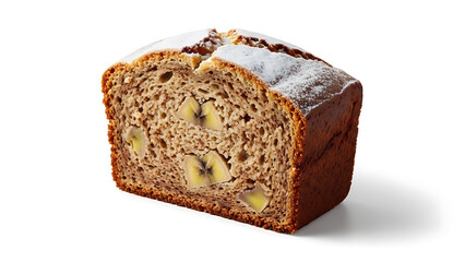 Delicious slice of homemade banana bread with visible banana pieces and a dusting of powdered sugar