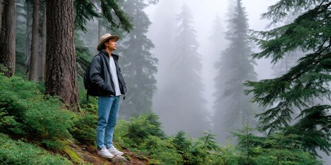 Man hiker standing in foggy forest appreciating nature