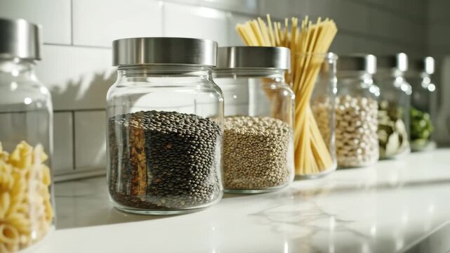 Jars of Food on a Kitchen Counter - This close-up studio shot shows a row of glass jars on a marble kitchen counter containing pasta, lentils, quinoa, and other dried foods.