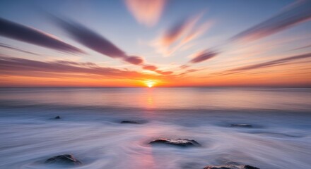 A scenic view of a sunset over the ocean with blurred clouds and rocks
