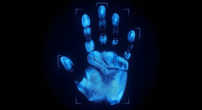 Biometric scanner technology of a human handprint on a dark background. Concept of data protection, cyber security, and identity access. Blue glowing fingerprint scan of a palm