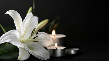 serene remembrance, the gentle glow of candlelight illuminates a pure white lily against a backdrop of somber darkness, tranquility