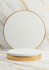 Round white podium with gold trim against luxurious white and gold marble wall: Elegant cosmetic display backdrop.