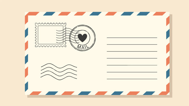 Vintage-style airmail envelope with red and blue striped borders, a blank stamp, and a postmark featuring a heart for a love letter.