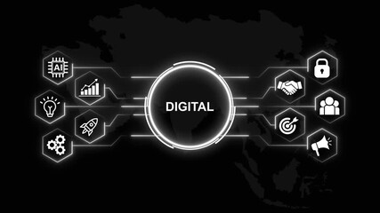 Digital concept infographic, Business, Technology, Internet and network concept. Business icons on digital world map background. - Powered by Adobe