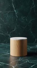 Wooden cylindrical platform with white top against a deep green marble background: Natural rustic cosmetic display.