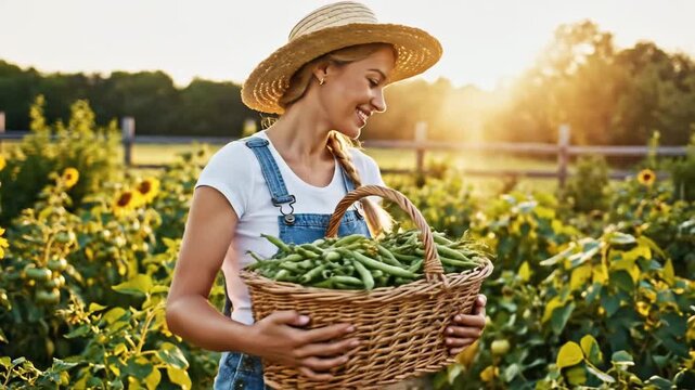 A smiling woman in a straw hat holds a basket of fresh green beans.