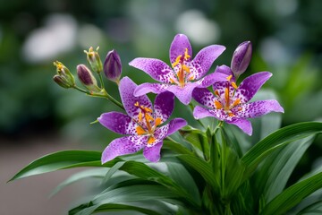 Toad lily flowers blooming in green garden