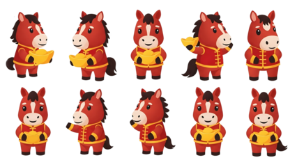 Cute cartoon red horse characters in traditional Chinese attire for Lunar New Year.