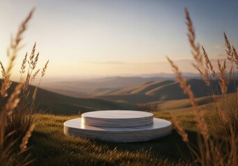 Simple white podium in a rolling green landscape with tall grass at sunset: Natural organic product presentation.