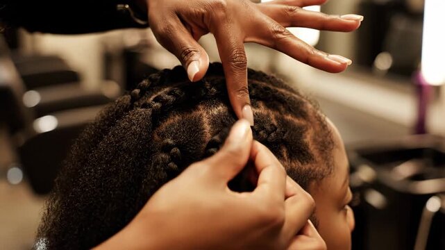 African Hair Braiding Process Close-Up - This close-up captures hands meticulously braiding black hair, showcasing the intricate details of the hairstyle.