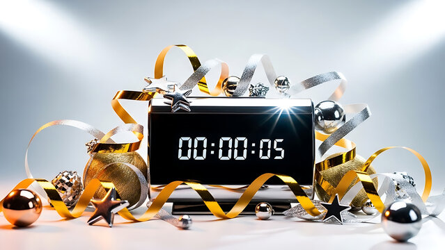 New Year Countdown Clock with Festive Decorations and Streamers. - Powered by Adobe