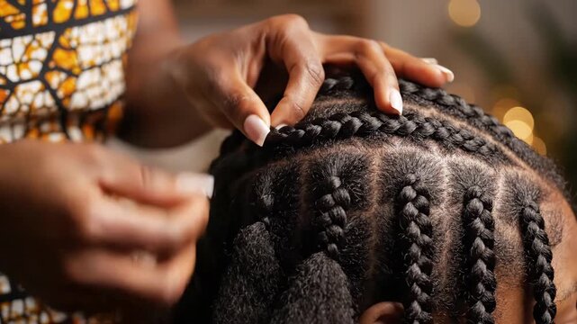 Hair Braiding Process - A close-up shot depicts a person with dark skin braiding hair into neat rows. Another individual is carefully braiding the hair with their hands.