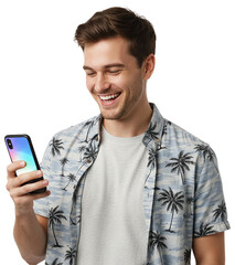PNG. young man holding a mobile phone. close up of a happy handsome young man with mobile phone on transparent background.