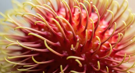 A close up of a vibrant exotic flower with red and yellow spiky petals