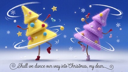 Handmade felt Christmas trees dancing together, humorous scene, celebrating Christmas joyfully
