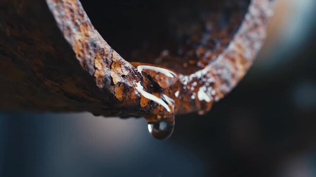 Leaky Corroded Pipe - A close-up shows a rusted, corroded metal pipe with a large water droplet forming at the edge. The pipe is heavily rusted, with visible texture and deterioration.