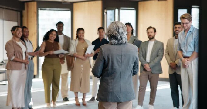 Manager, training group and orientation in office for company policy, introduction and job overview. Mentor, back of mature person and interns at induction for onboarding and employee responsibility