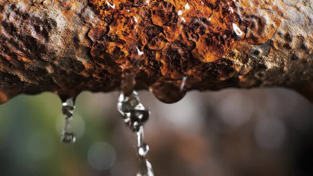 Rusty Pipe with Dripping Water - A close-up shot of a heavily rusted metal pipe shows water droplets clinging to its underside, one droplet about to fall.