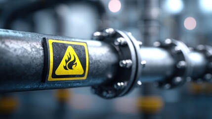Industrial pipe with fire hazard sign