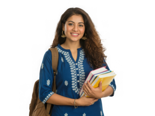 Smiling student with books and backpack isolated on transparent background